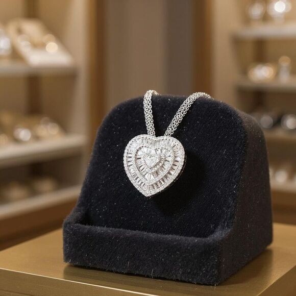 Simulated Diamond Heart Pendant Silver Adjustable Necklace New - Picture 2 of 8